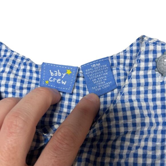 Baby Crew Jon Jon Romper Boys Blue Gingham Tortoise Hair Embroidered Size 18M - Picture 5 of 6
